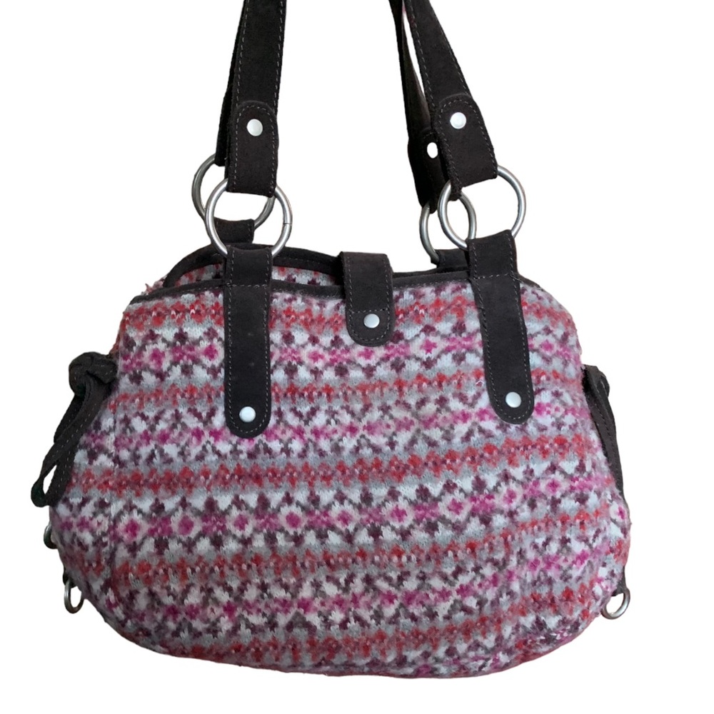 American Eagle Nordic Sweater Purse Brown Suede Handles Pink Brown